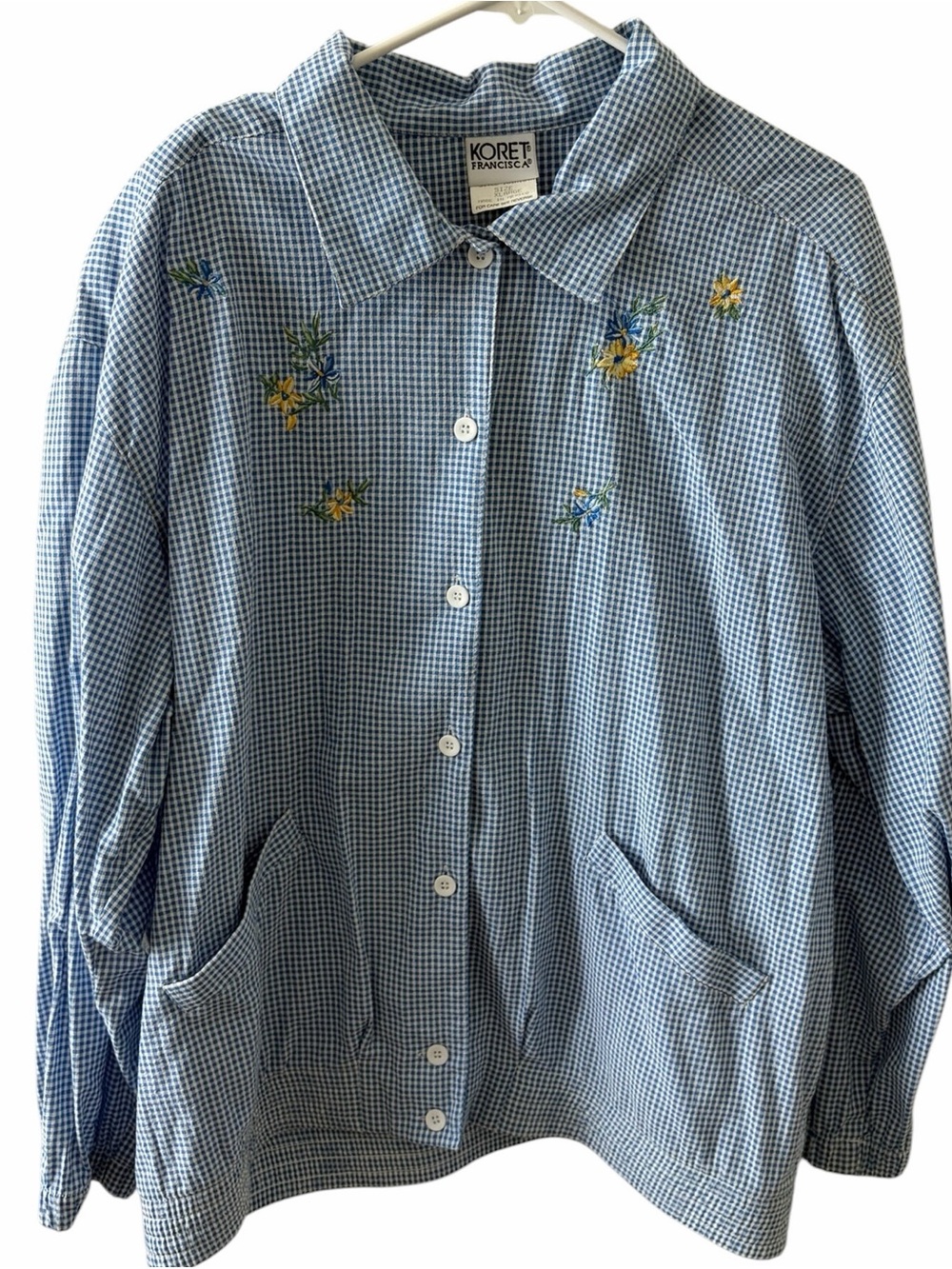 Koret Light Blue Gingham Button-Up Shirt Jacket with Yellow Floral Embroidery